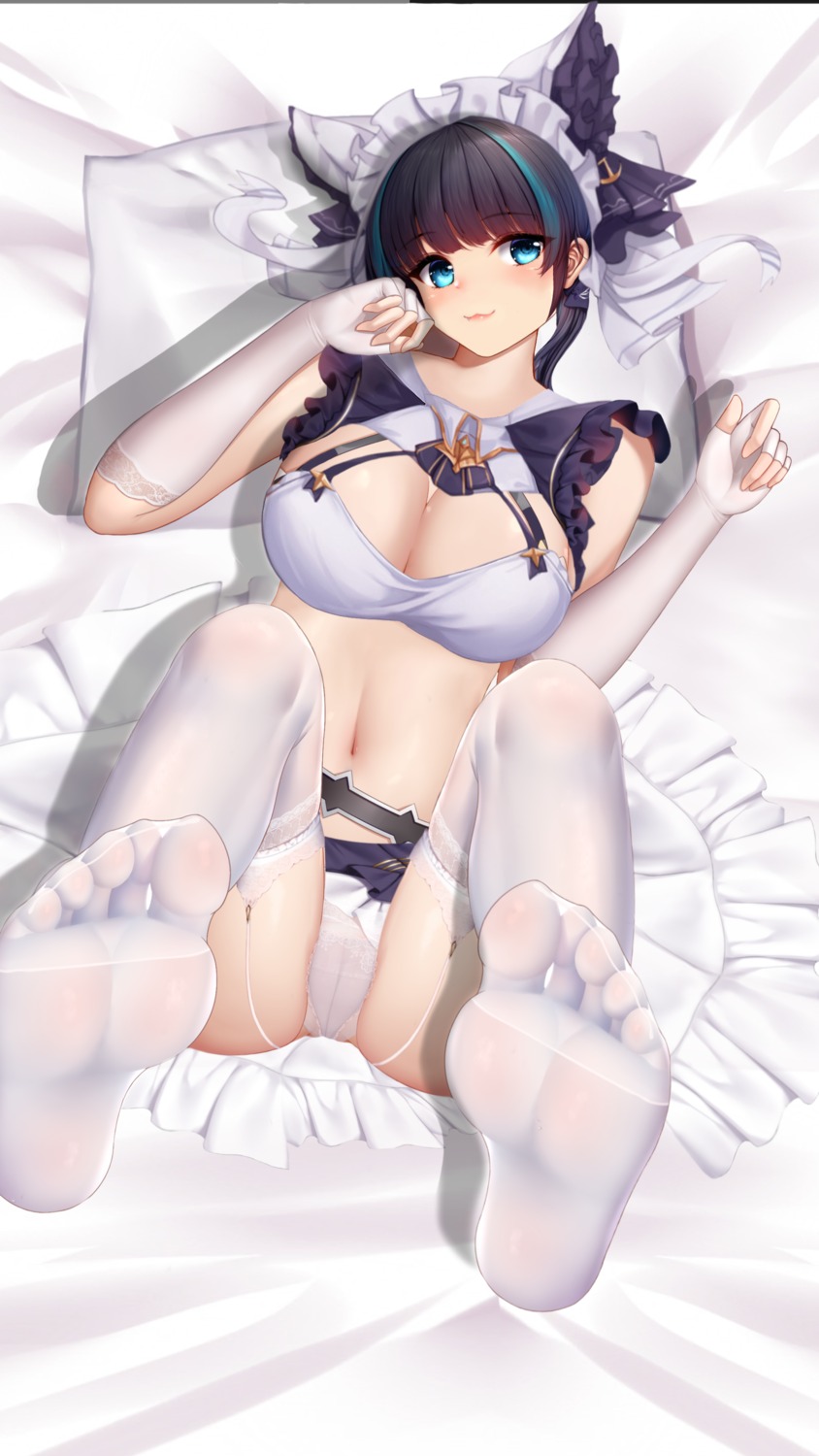 azur_lane cameltoe cheshire_(azur_lane) feet maid niduannowu no_bra pantsu skirt_lift stockings thighhighs