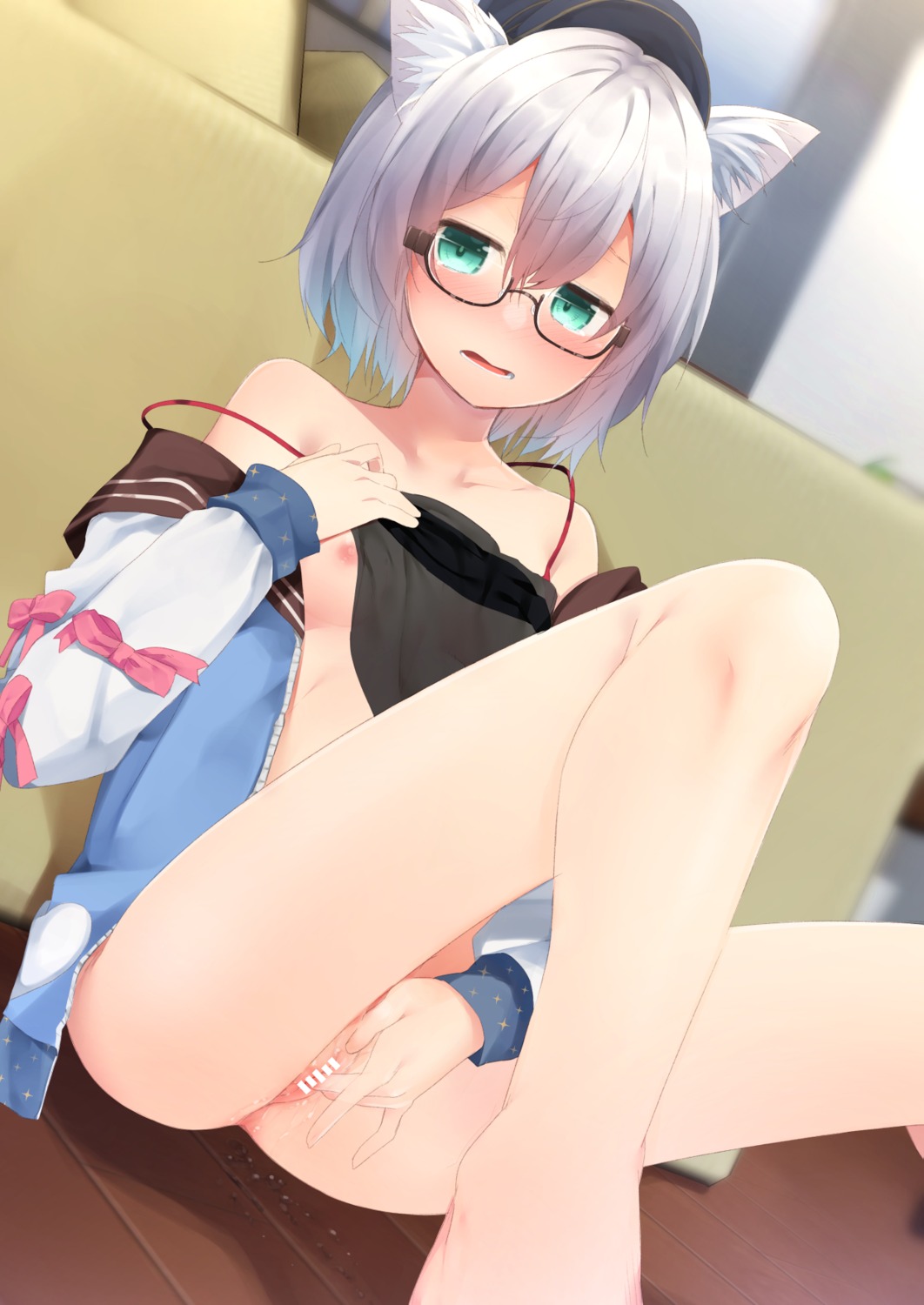 animal_ears bottomless breasts censored masturbation nigo_(aozoragarou) nipples no_bra open_shirt pussy pussy_juice