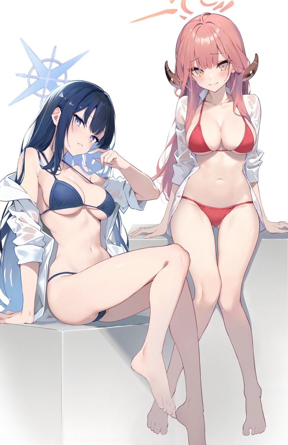 bikini blue_archive dress_shirt feet halo harenchitomeko horns joumae_saori open_shirt rikuhachima_aru see_through swimsuits wet_clothes