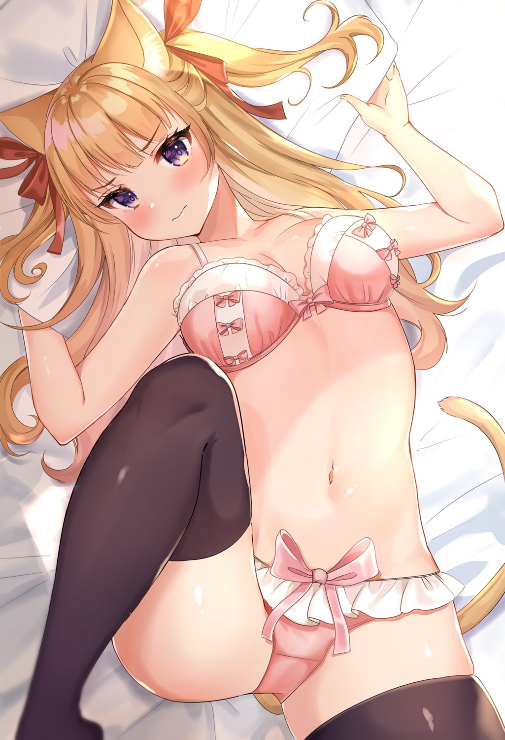 animal_ears bra cleavage katsushika_pachi nekomimi pantsu tail thighhighs