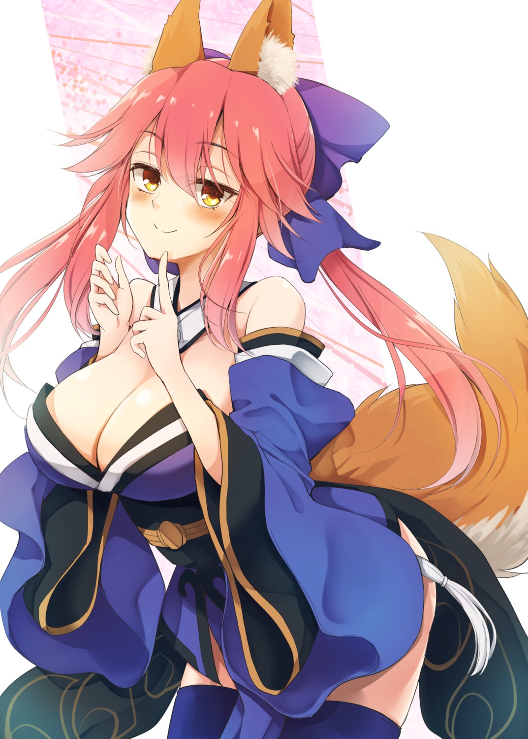 animal_ears fate/grand_order japanese_clothes kitsune kurikara no_bra skirt_lift tail tamamo_no_mae thighhighs