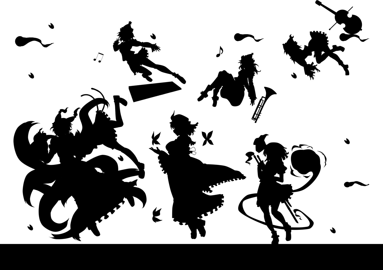 chen kitazinger konpaku_youmu lunasa_prismriver lyrica_prismriver merlin_prismriver monochrome saigyouji_yuyuko silhouette touhou yakumo_ran