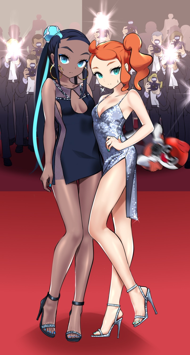 business_suit cleavage dress fishnets heels no_bra nopan pokemon pokemon_swsh rurina_(pokemon) sonia_(pokemon) tm_(hanamakisan)