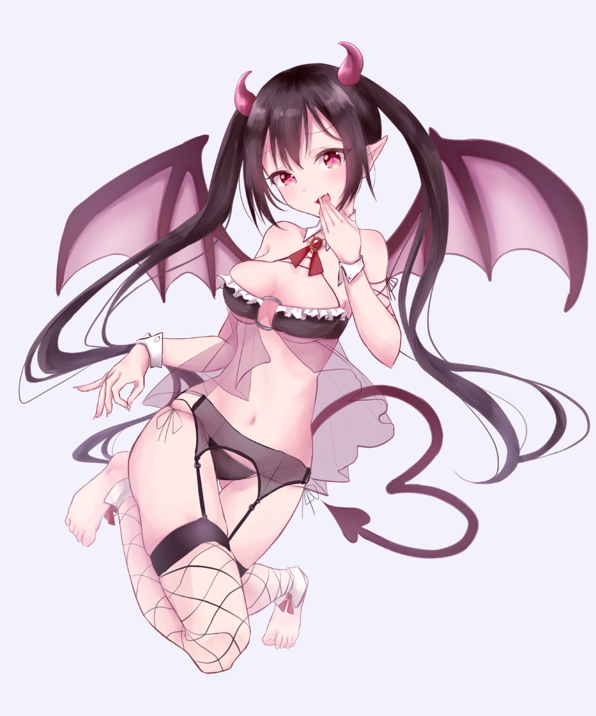 fishnets garter_belt harukasu_(mememememo) horns lingerie pantsu pointy_ears see_through stockings tail thighhighs wings