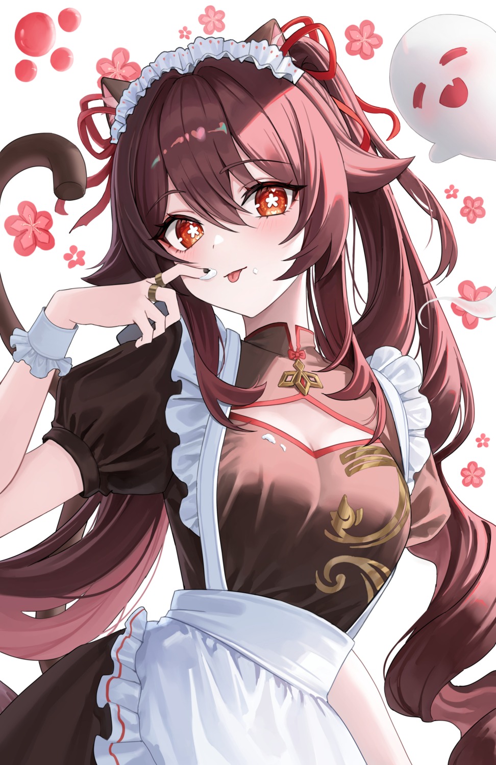 animal_ears cleavage genshin_impact hu_tao maid nekomimi sicle tail