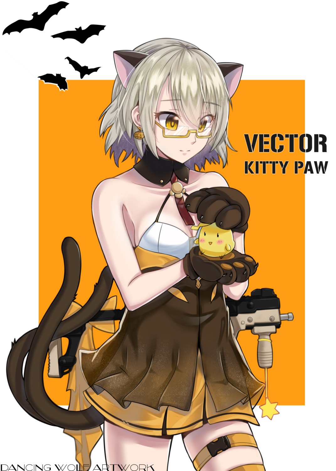 animal_ears cleavage dancing_wolf dress garter girls_frontline gun halloween nekomimi tail vector_(girls_frontline)