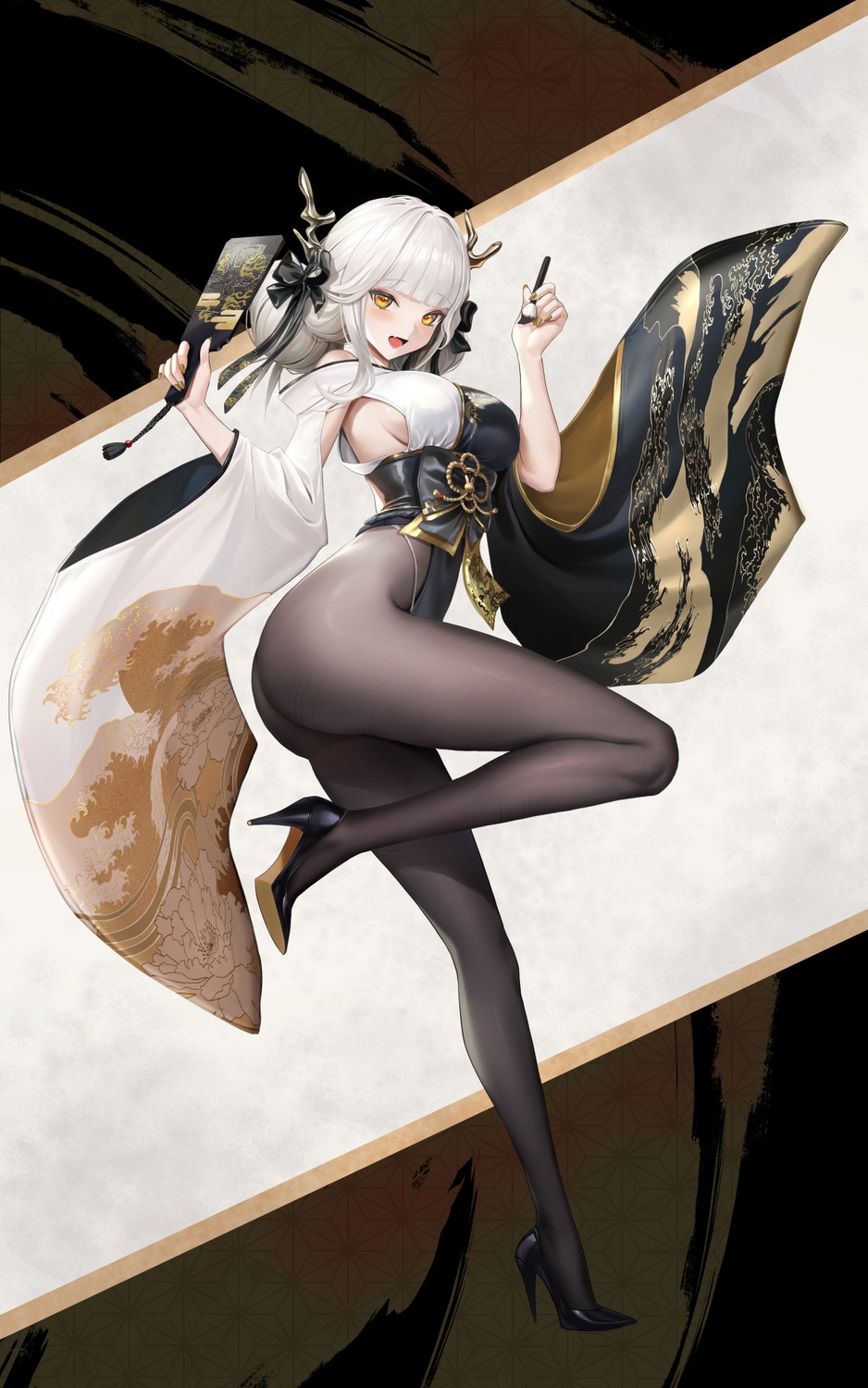 blanc_(nikke) heels horns japanese_clothes leotard nikke_the_goddess_of_victory pantyhose yuen