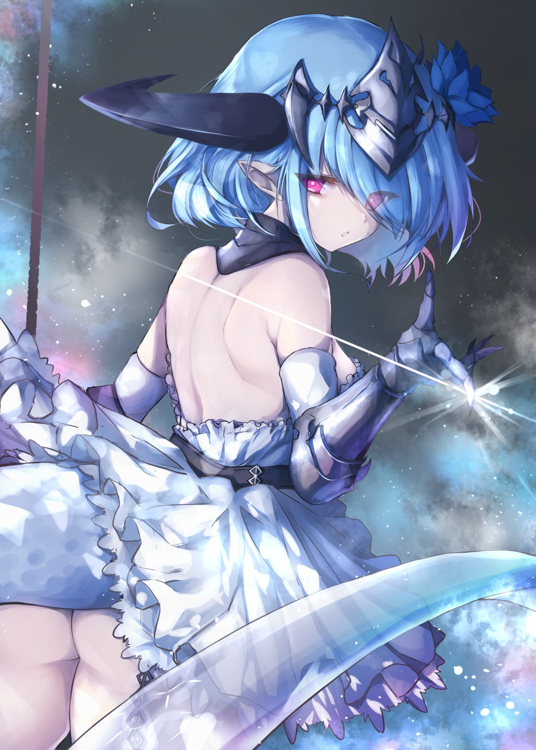 armor ass horns mizuno_tera no_bra nopan pointy_ears shadowverse skirt_lift tail whitefrost_dragonewt_filene