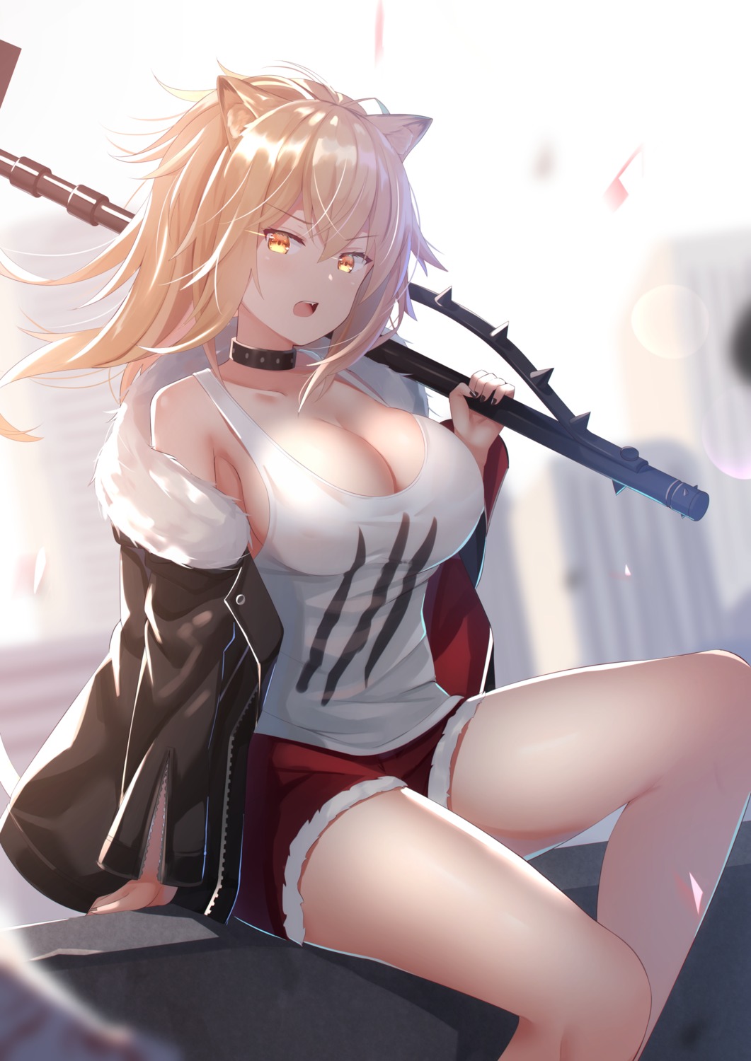 animal_ears arknights mirufuaa no_bra siege_(arknights) weapon