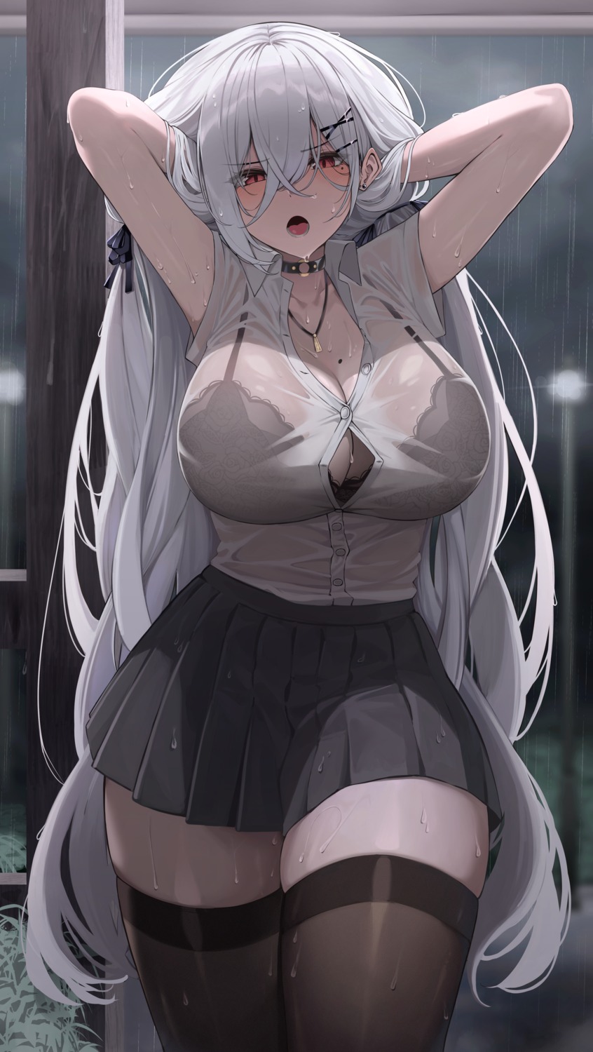 bannou_ippoutsukou bra open_shirt see_through seifuku thighhighs wet wet_clothes