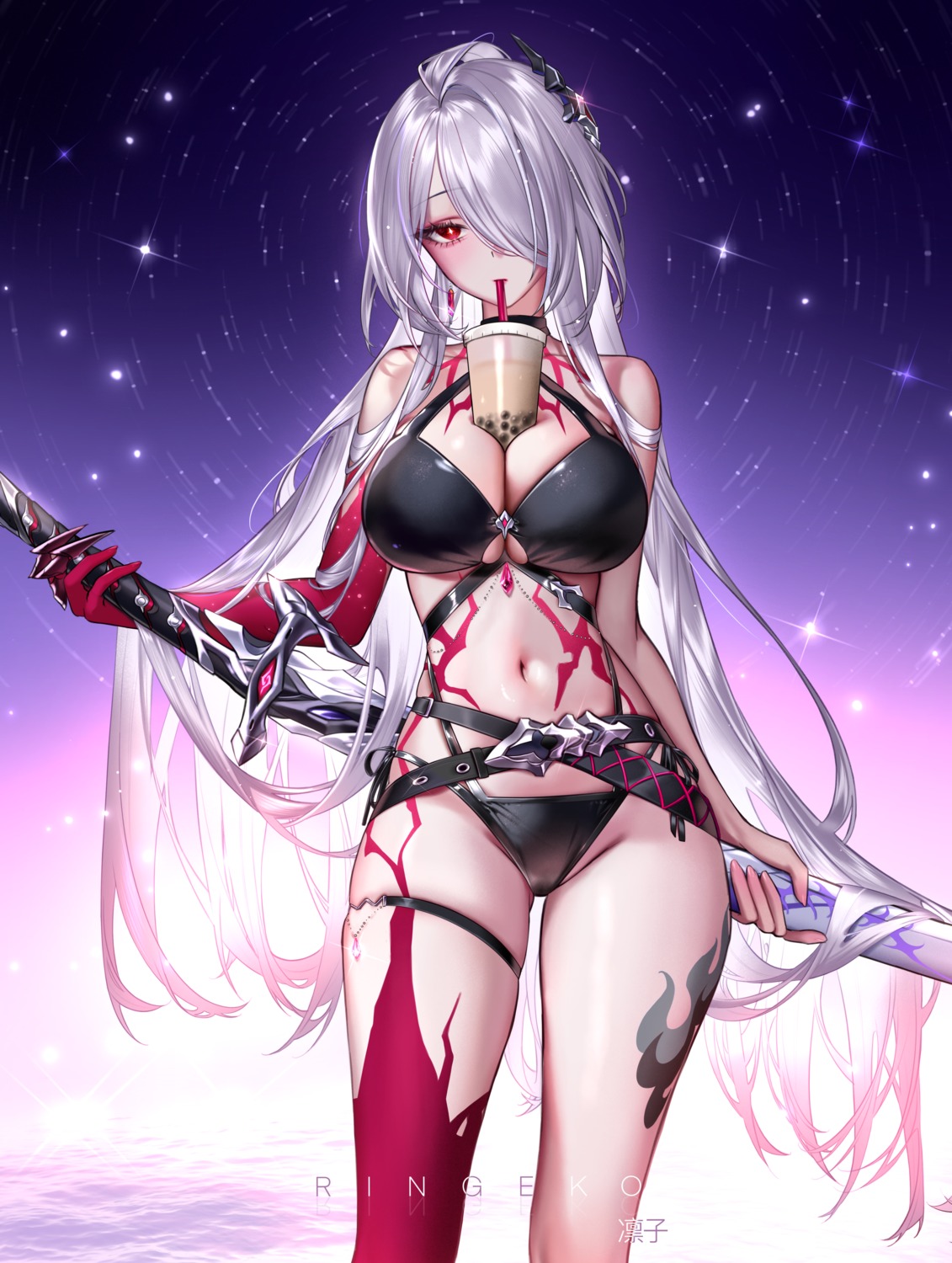 acheron bikini garter honkai:_star_rail ringeko-chan swimsuits sword tattoo