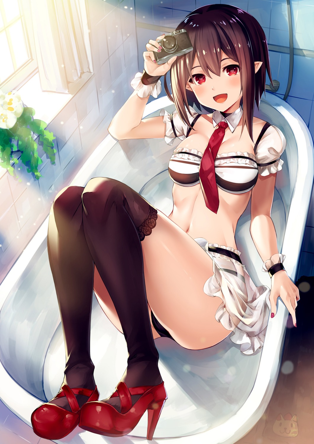 akanagi_youto bikini cleavage heels pointy_ears see_through shameimaru_aya swimsuits thighhighs touhou