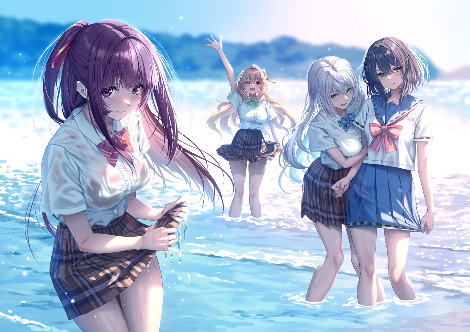 amagasa_tsuzuri bra chigami_hikage hanikami_kanojo hiiragi_sano piromizu see_through seifuku shizuki_neru skirt_lift wet wet_clothes