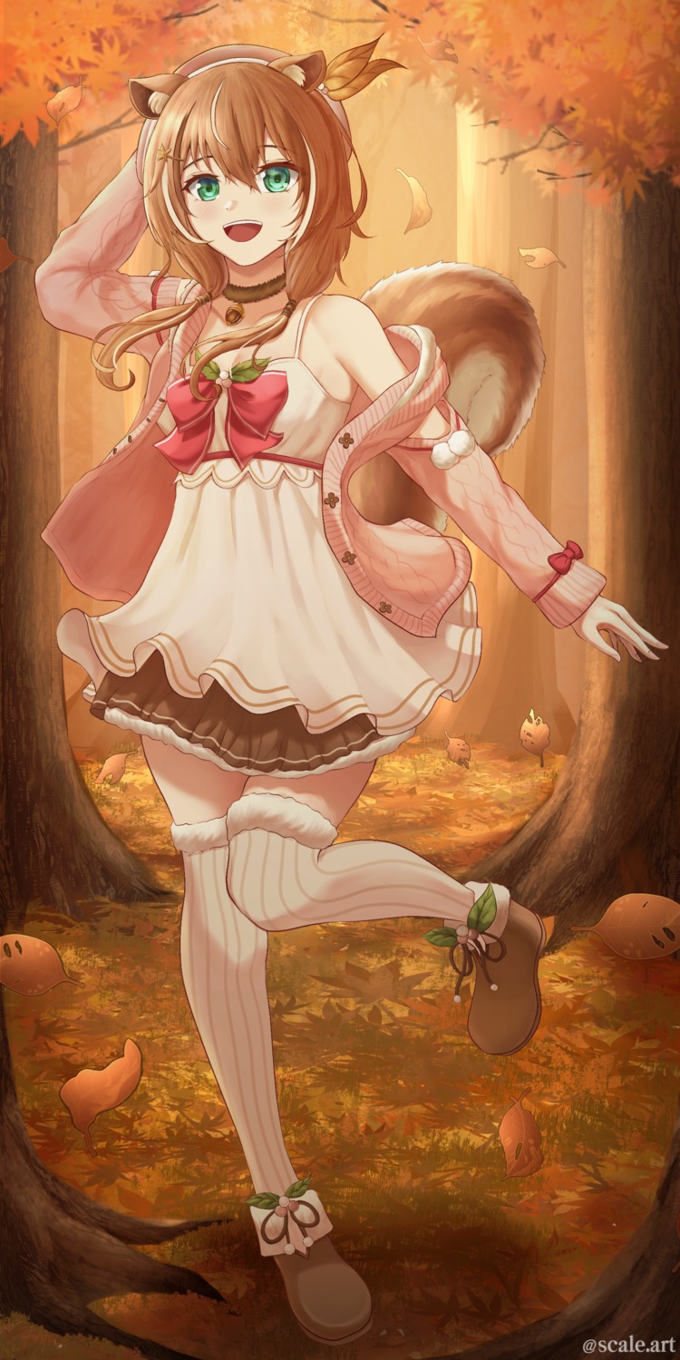 animal_ears ayunda_risu dress hololive rayleigh_scale sweater tail thighhighs