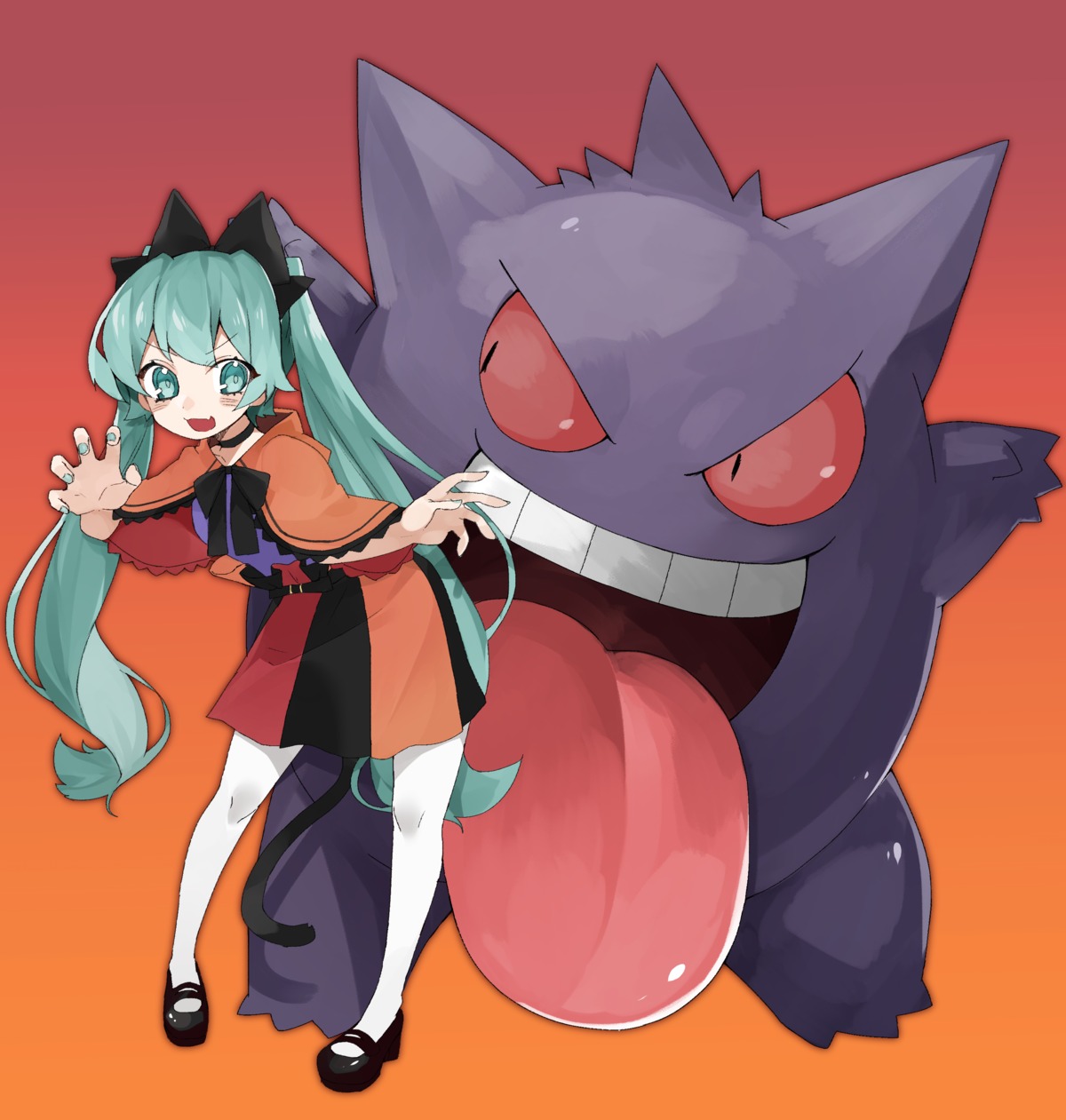 animal_ears crossover gengar hatsune_miku nekomimi pantyhose pokemon reirou_(chokoonnpu) tail vocaloid