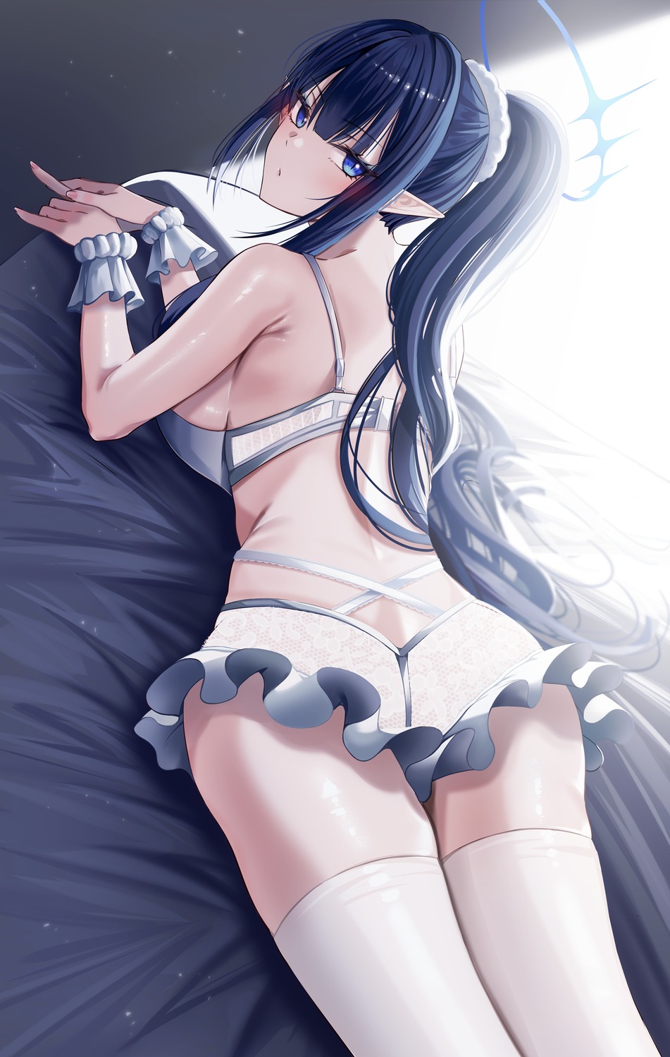 ass blue_archive bra halo nanagami_rin nick_(nikek96) pointy_ears thighhighs