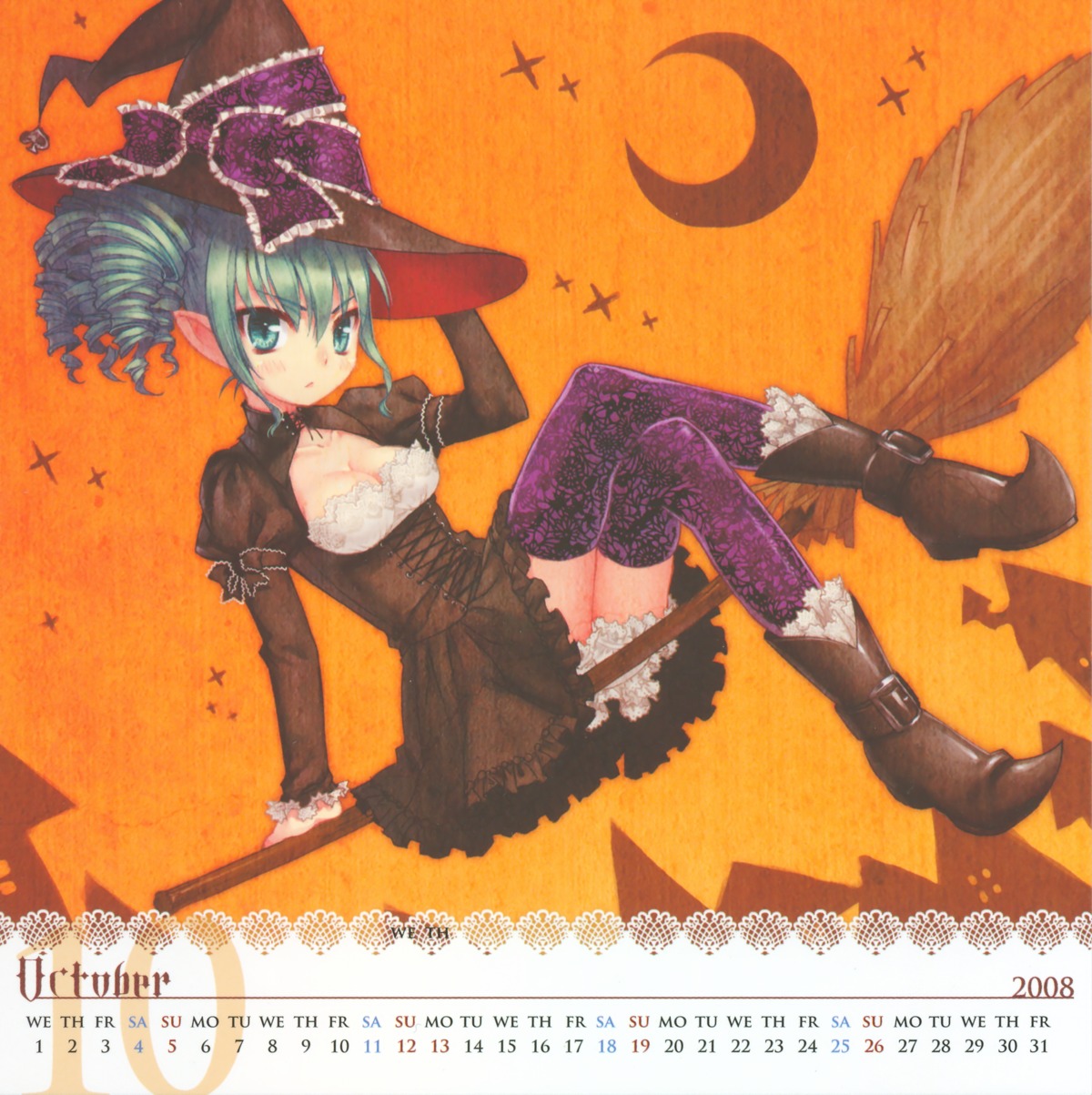 asaki_yuzuno calendar cleavage lolita_fashion pointy_ears thighhighs witch