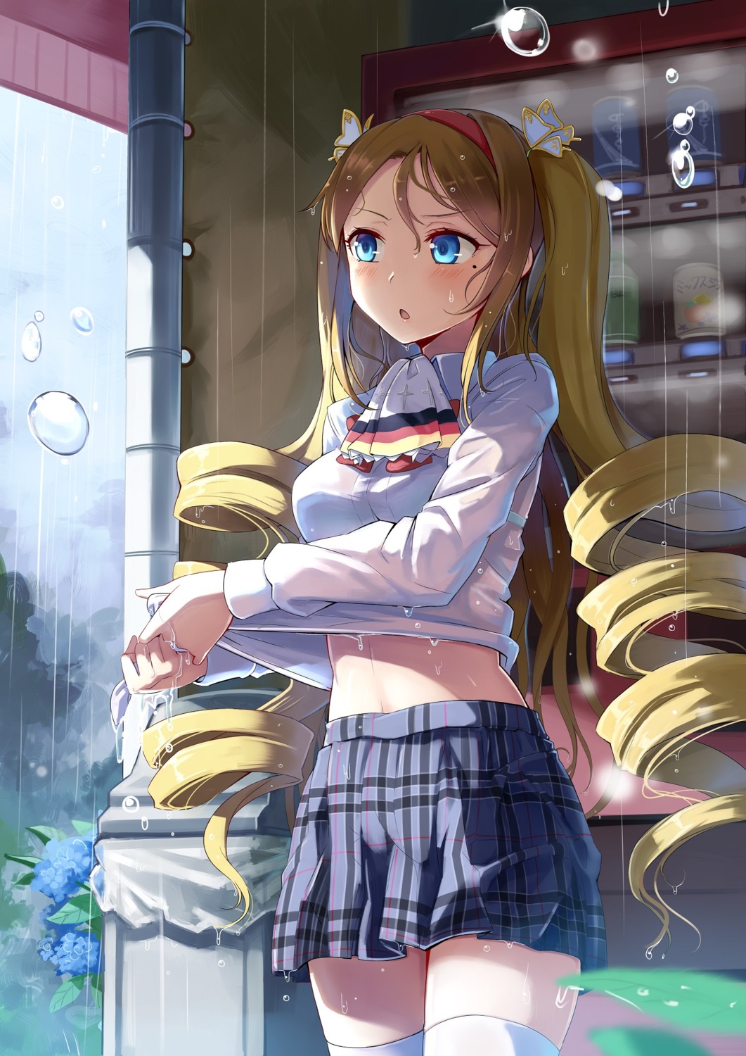 maiden_craft see_through seifuku shirt_lift tagme thighhighs victoria_lueger wet wet_clothes