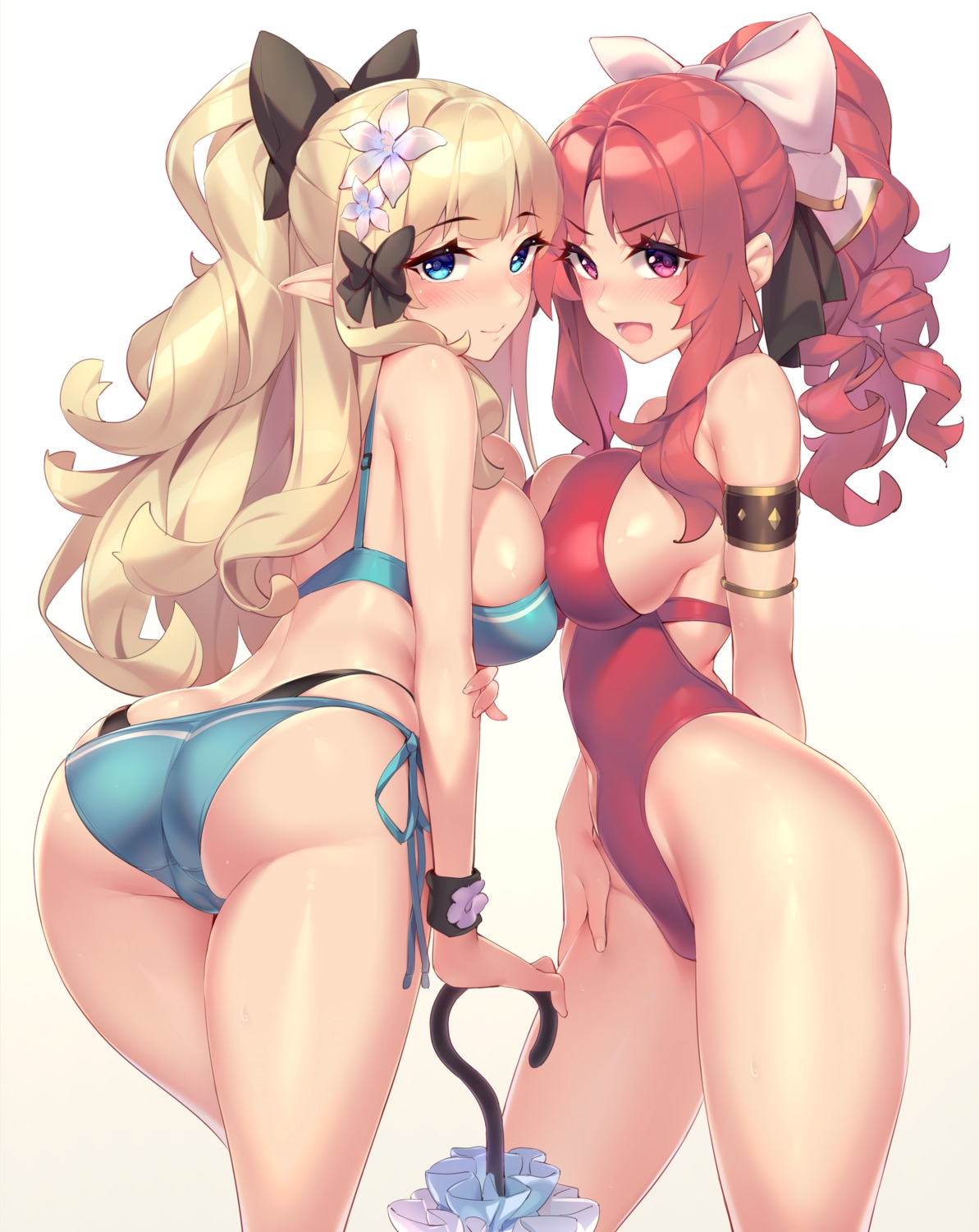 ass bikini pointy_ears princess_connect! princess_connect!_re:dive sasaki_saren sgt-jz swimsuits symmetrical_docking toudou_akino umbrella