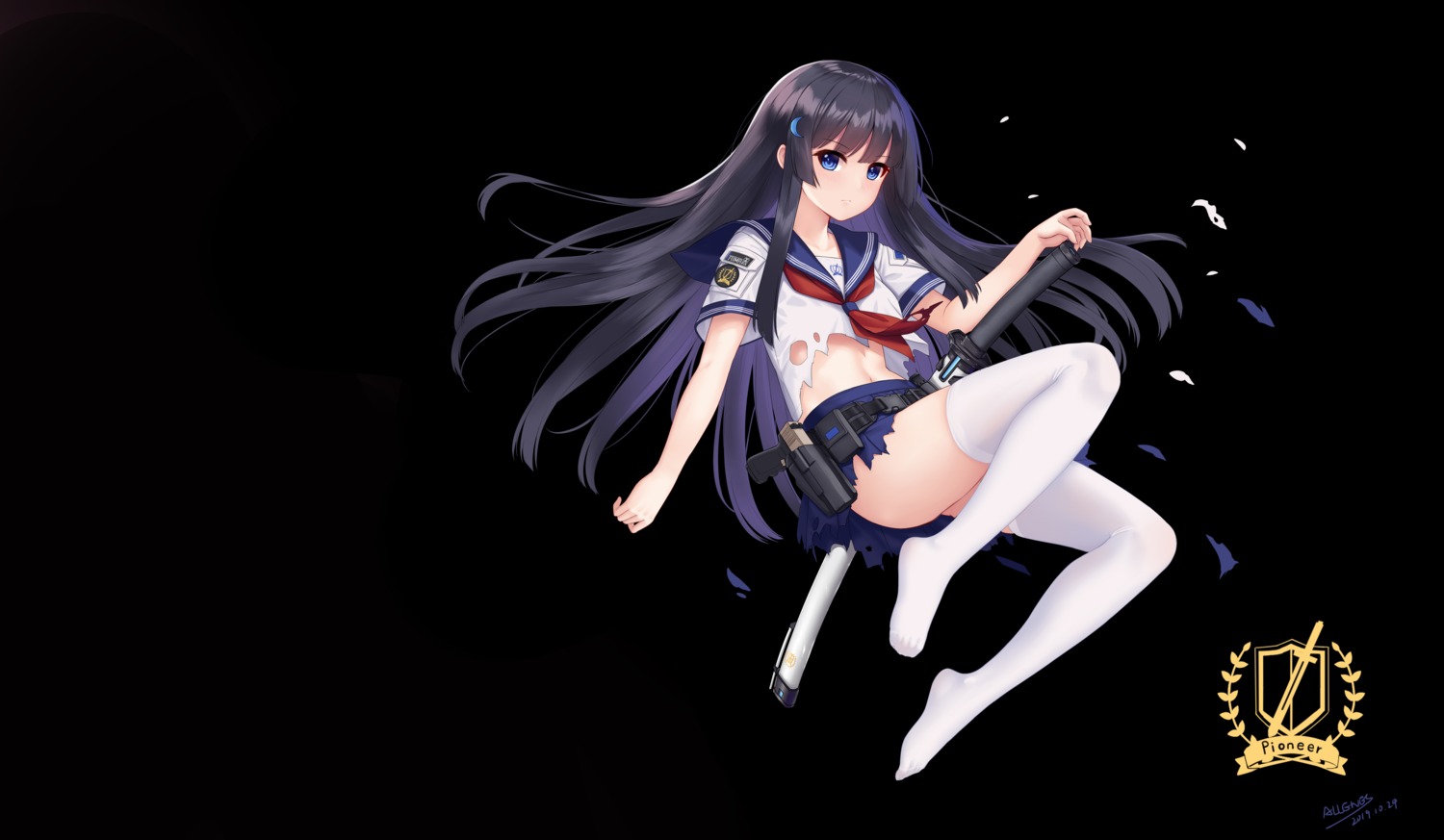 allenes seifuku skirt_lift sword thighhighs torn_clothes