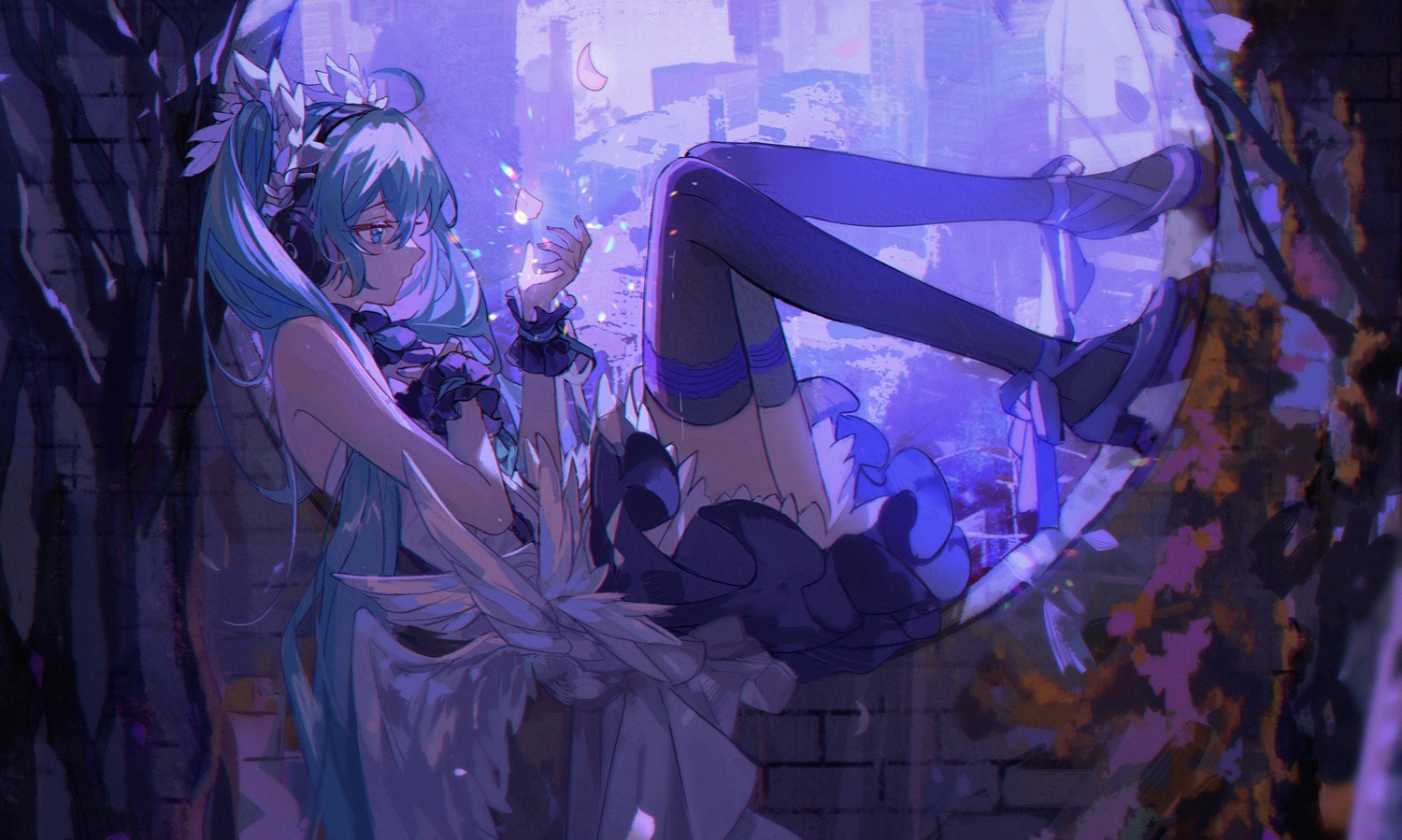 7th_dragon 7th_dragon_2020 hatsune_miku headphones heels kanose skirt_lift thighhighs vocaloid