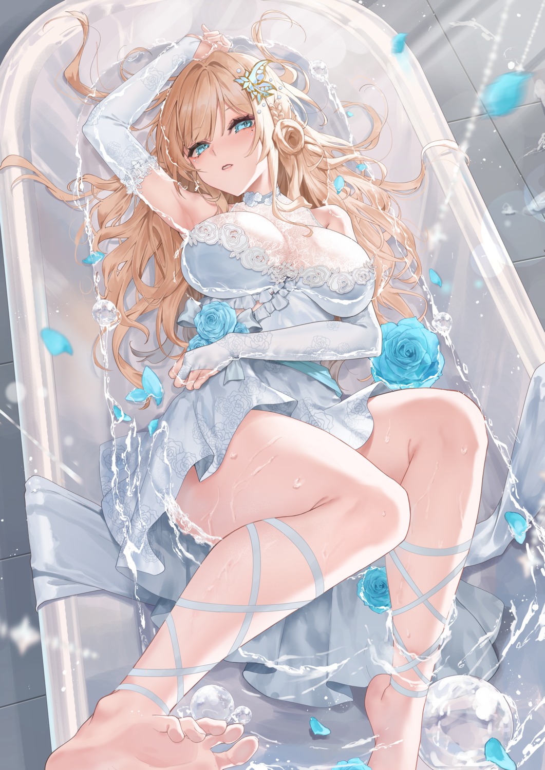 dress fang_qiao no_bra see_through skirt_lift wet wet_clothes