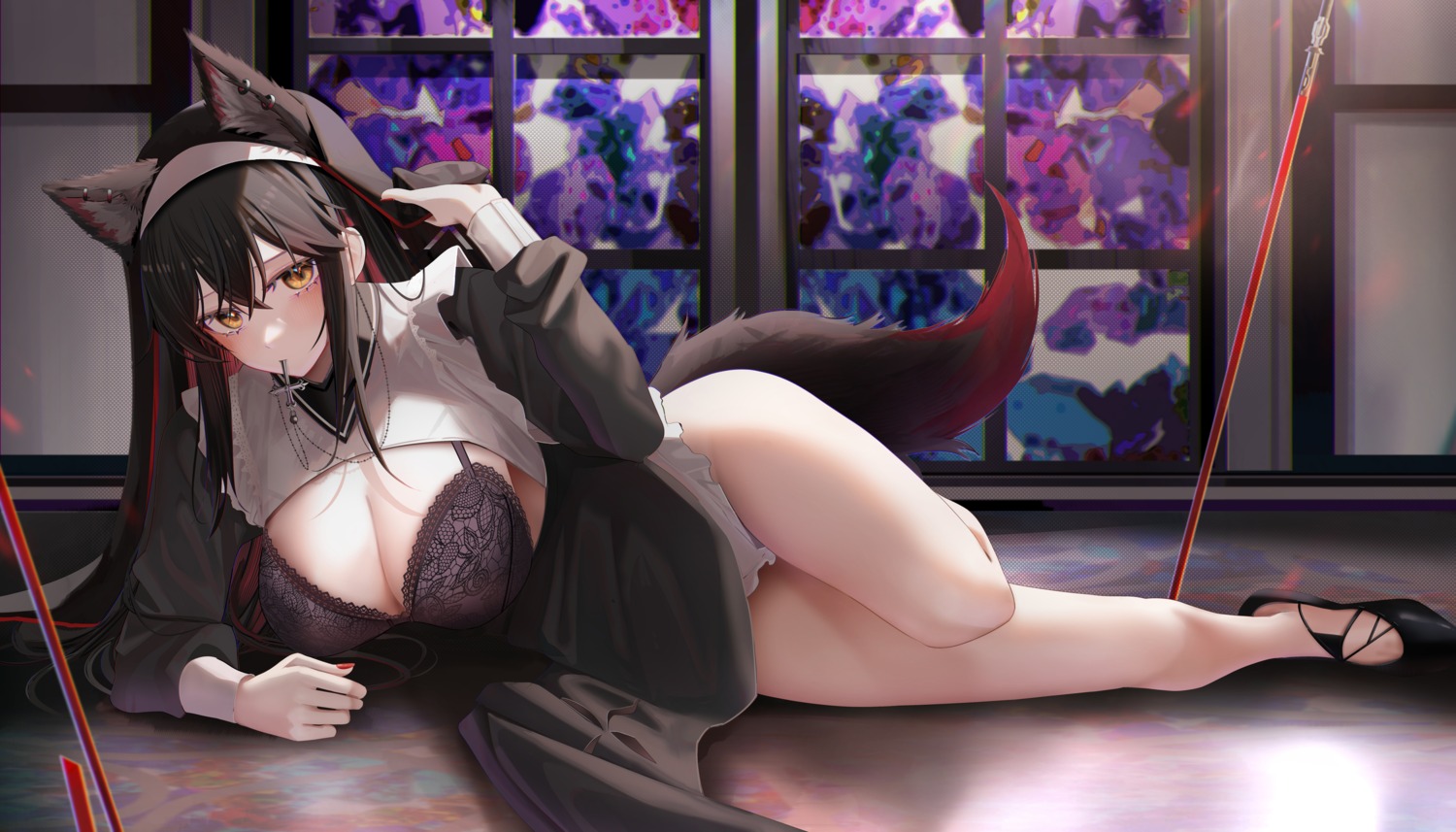 animal_ears arknights bra nun open_shirt ru_zhai see_through tail texas_(arknights)