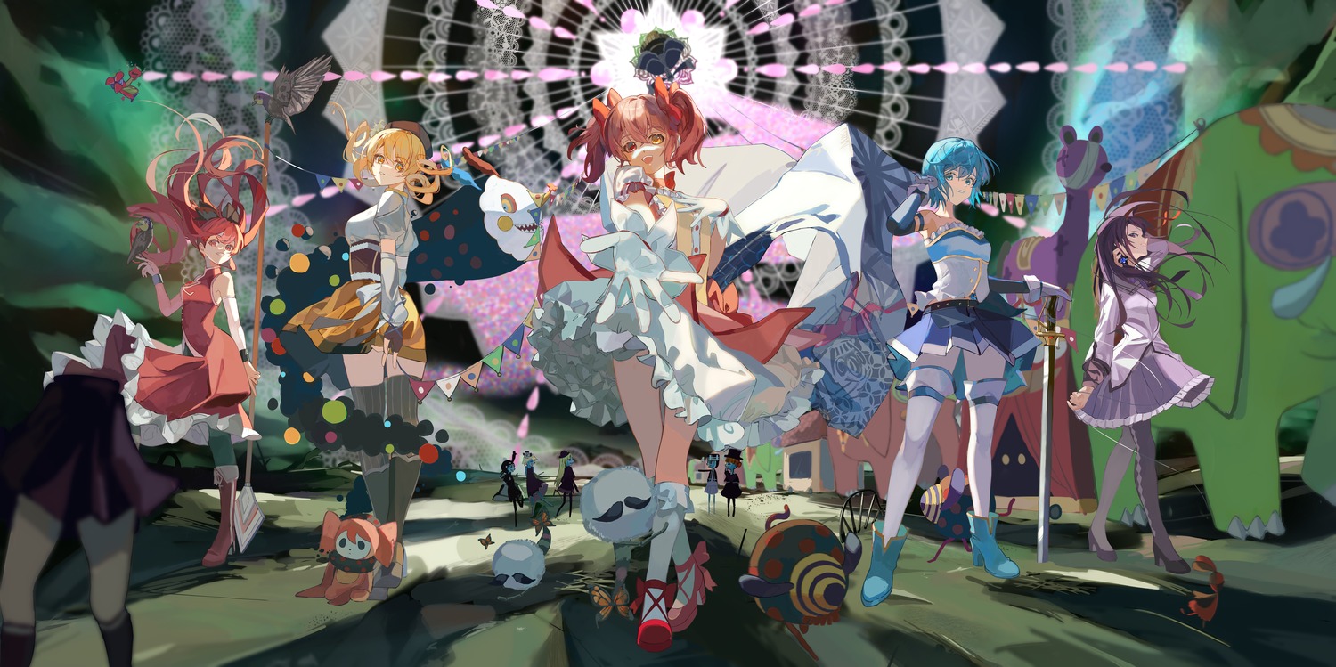 akemi_homura bandages breast_hold charlotte_(puella_magi_madoka_magica) dress heels heterochromia kaname_madoka miki_sayaka pantyhose puella_magi_madoka_magica sakura_kyouko shirasuke_0822 skirt_lift sword thighhighs tomoe_mami walpurgis_no_yoru weapon