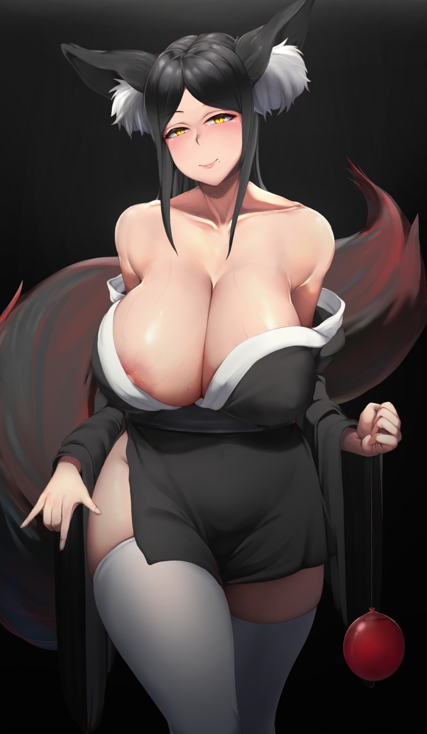 animal_ears dantes_ward kitsune nipple_slip no_bra open_shirt tail thighhighs yukata