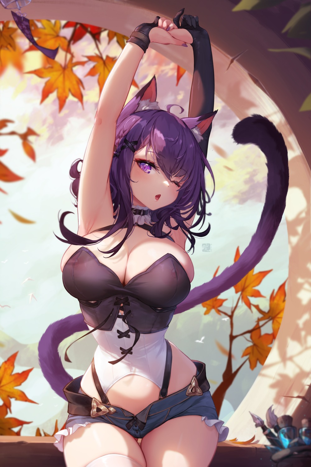 animal_ears mitsu_(mitsu_art) nekomimi nipples no_bra see_through tail thighhighs