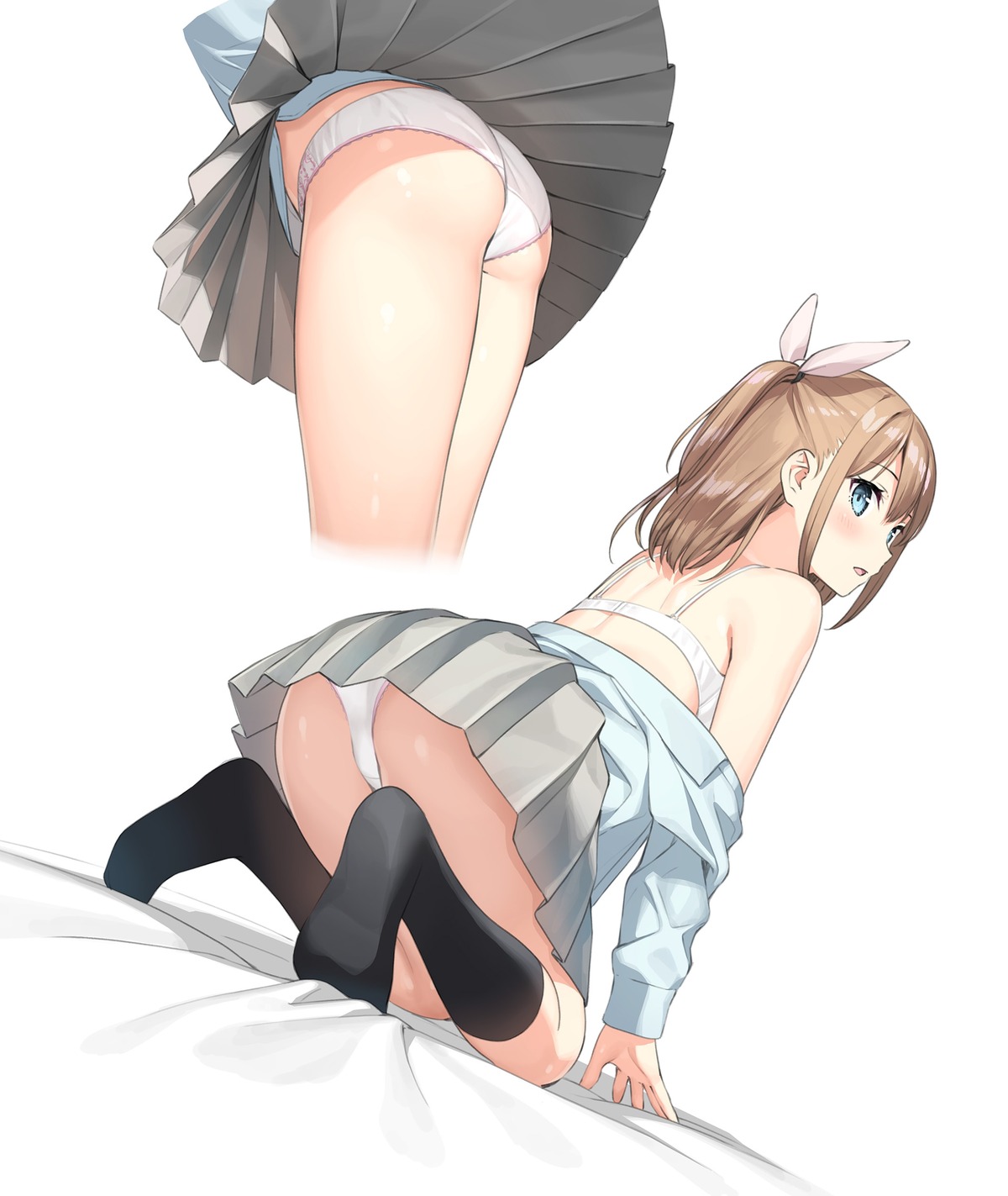 ass bra feet kantoku miyaguchi_kei open_shirt pantsu seifuku skirt_lift