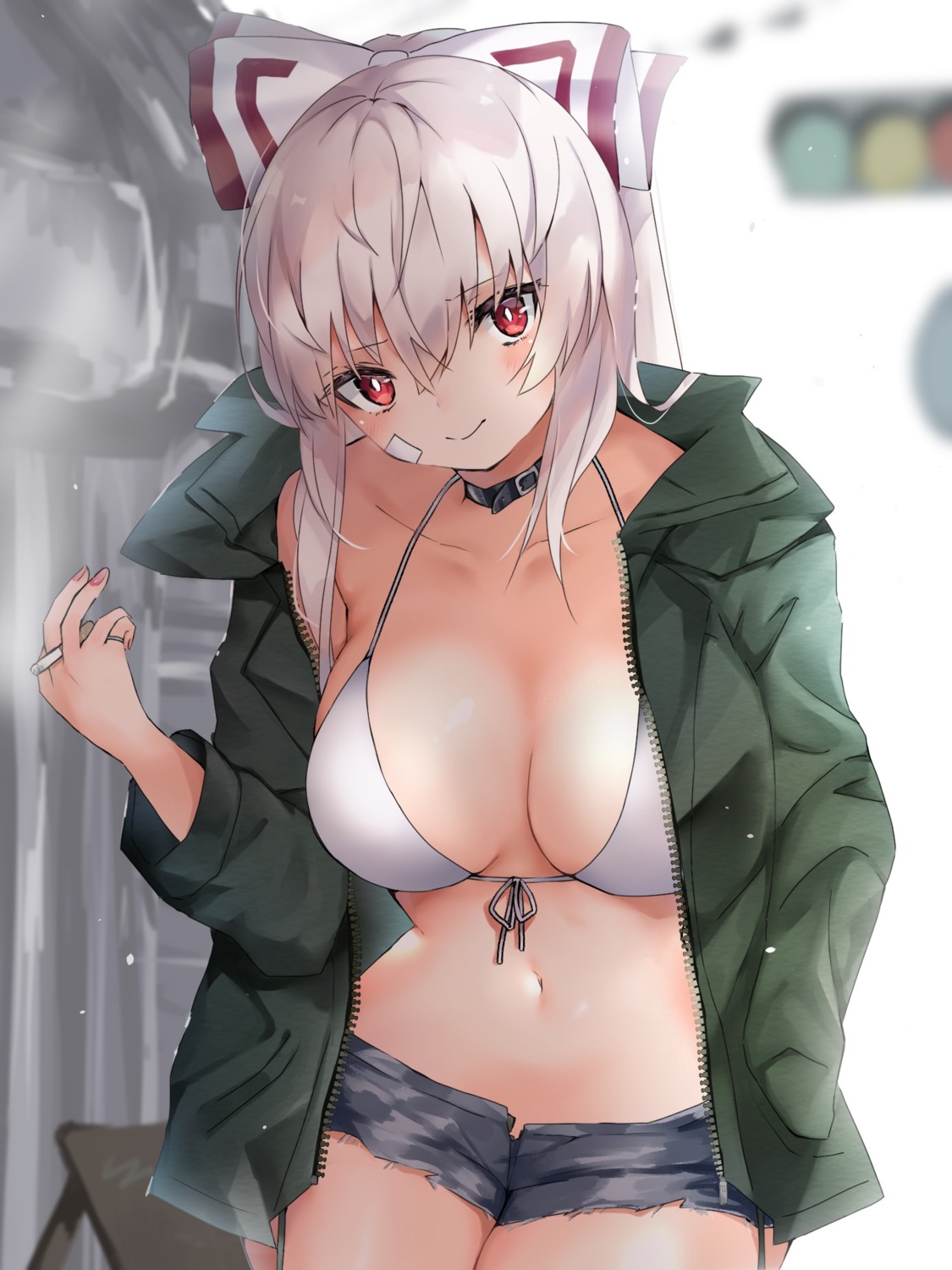 bandaid bikini_top fujiwara_no_mokou hiiro60 open_shirt swimsuits torn_clothes touhou