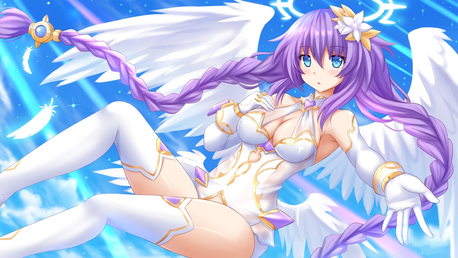 angel choujigen_game_neptune cleavage four_goddesses_online:_cyber_dimension_neptune kazenokaze lingerie purple_heart see_through thighhighs wallpaper wings