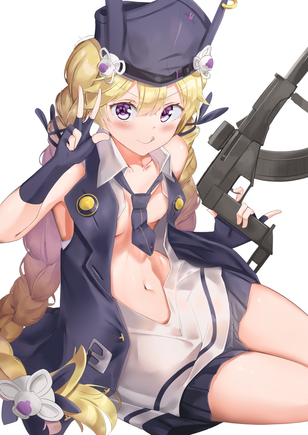 breasts girls_frontline gun kuse_(0201) no_bra open_shirt see_through sr-3mp_(girls_frontline)