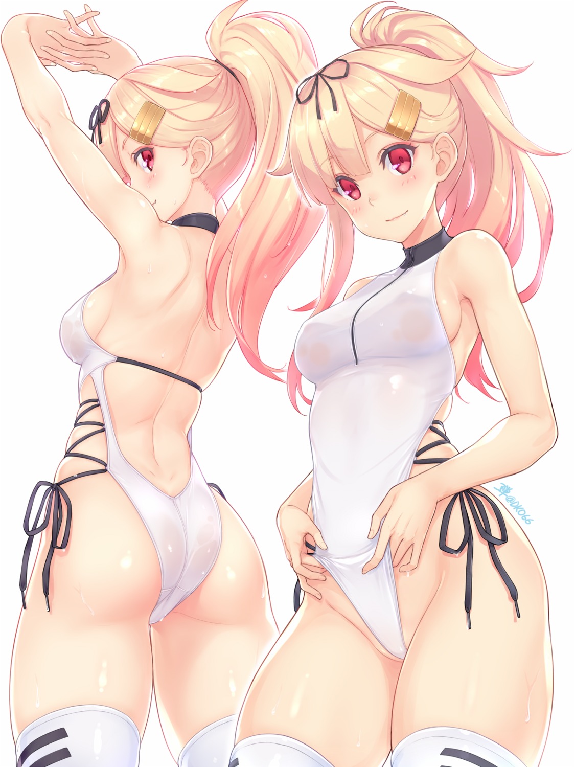 ass dan_(kumadan) kantai_collection swimsuits thighhighs wet yuudachi_(kancolle)