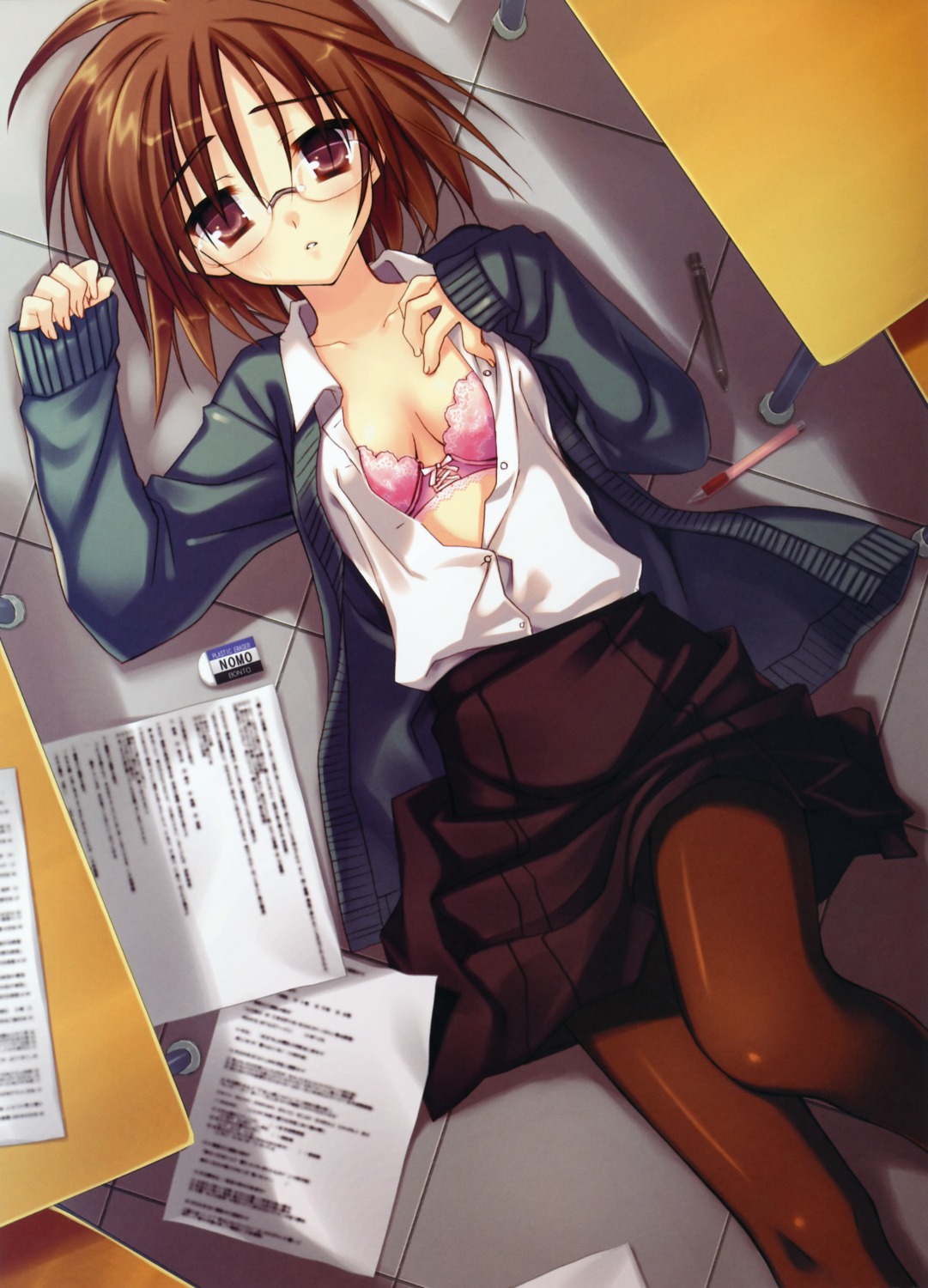 bra megane muririn open_shirt pantyhose