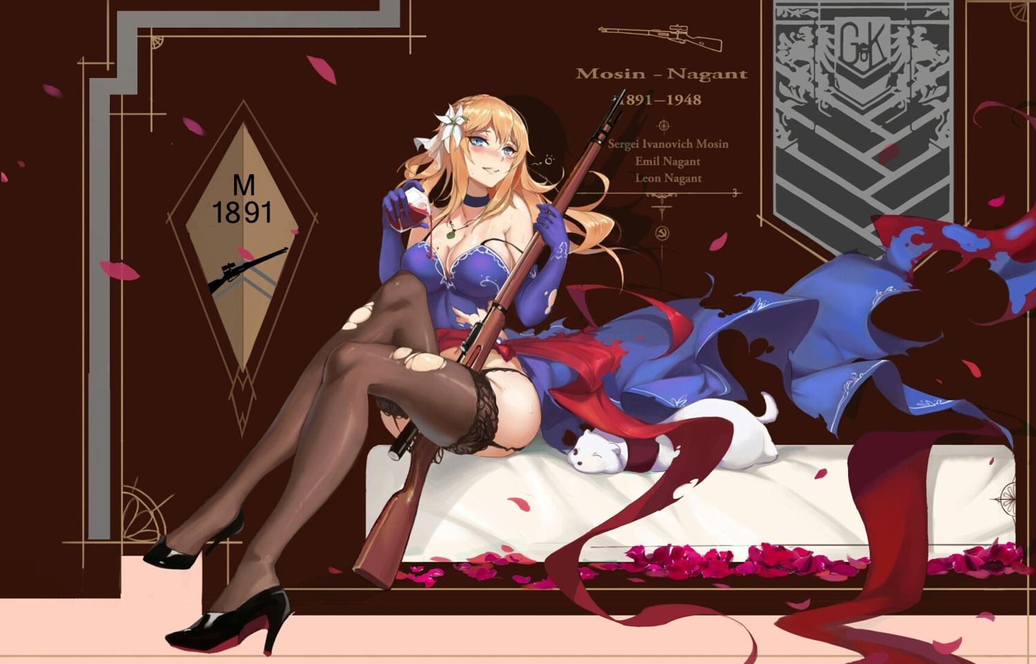 carcano_m1891_(girls_frontline) cleavage girls_frontline guernical gun heels mosin-nagant_(girls_frontline) pantsu stockings thighhighs torn_clothes