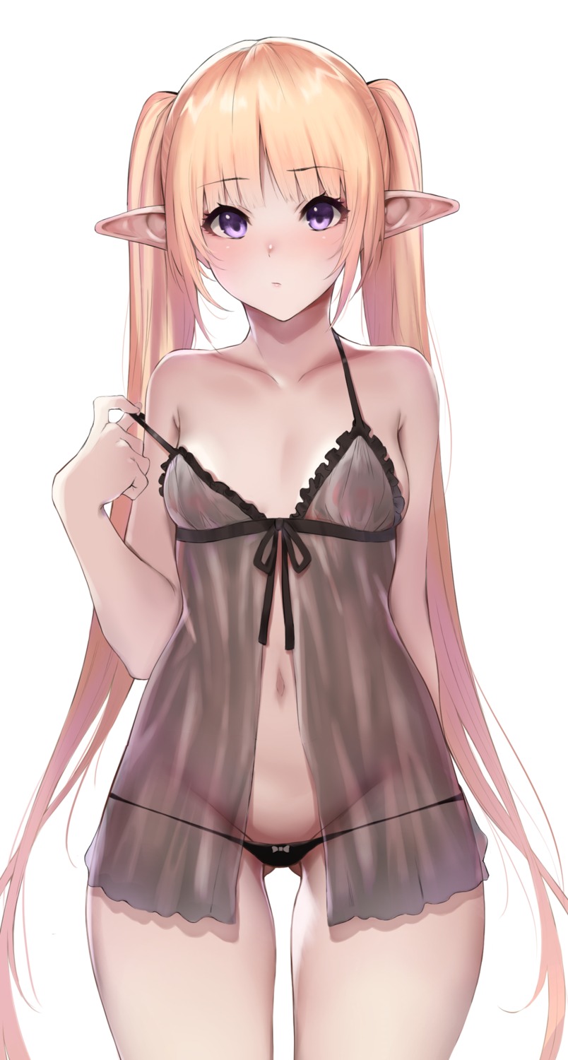 cleavage elf hong_jo lingerie pantsu panty_pull pointy_ears see_through undressing