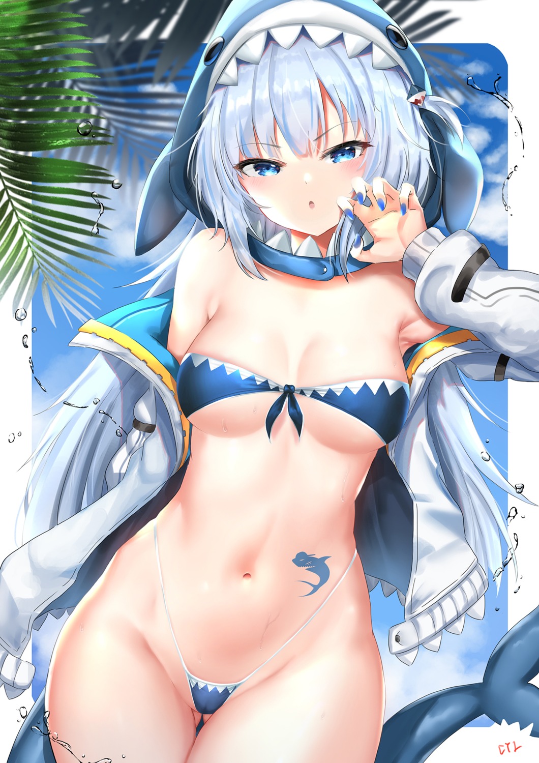 bikini cyicheng gawr_gura hololive hololive_english open_shirt swimsuits tail tattoo