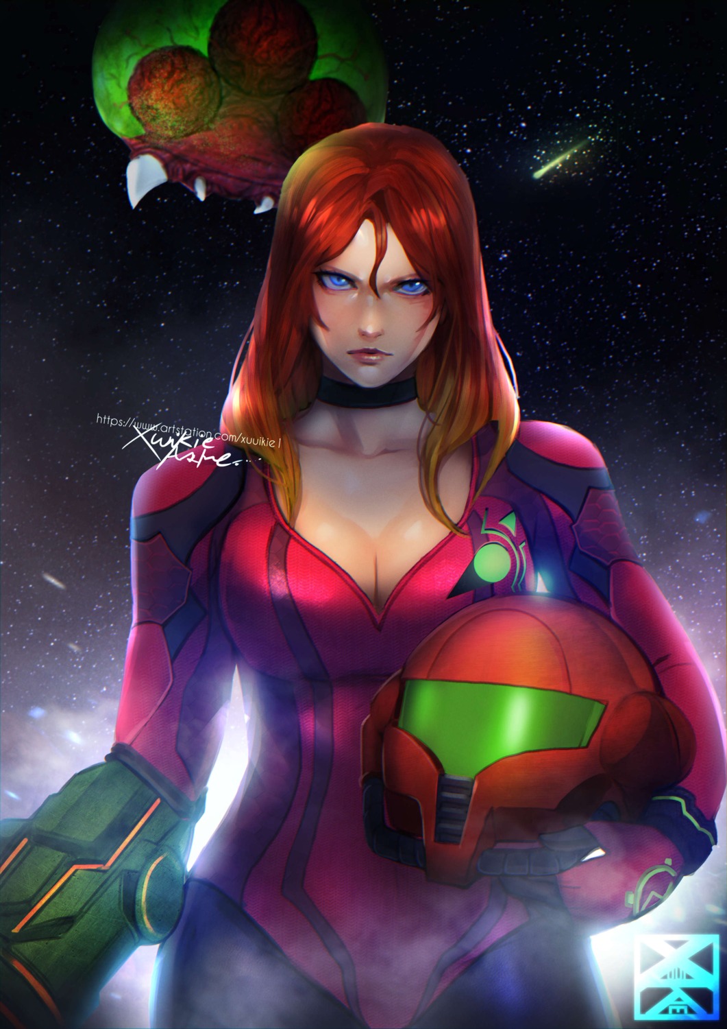 bodysuit cleavage metroid samus_aran weapon xuuikie_ashe