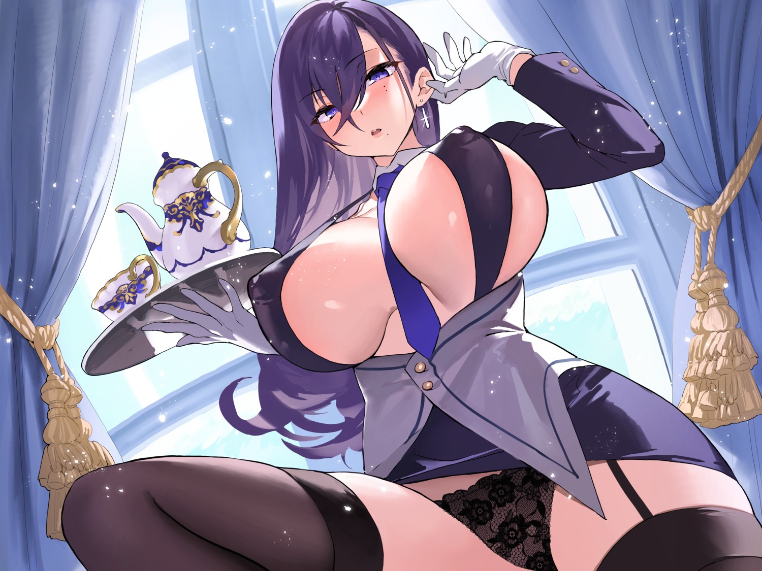 bra business_suit erect_nipples m.c open_shirt pantsu skirt_lift stockings thighhighs