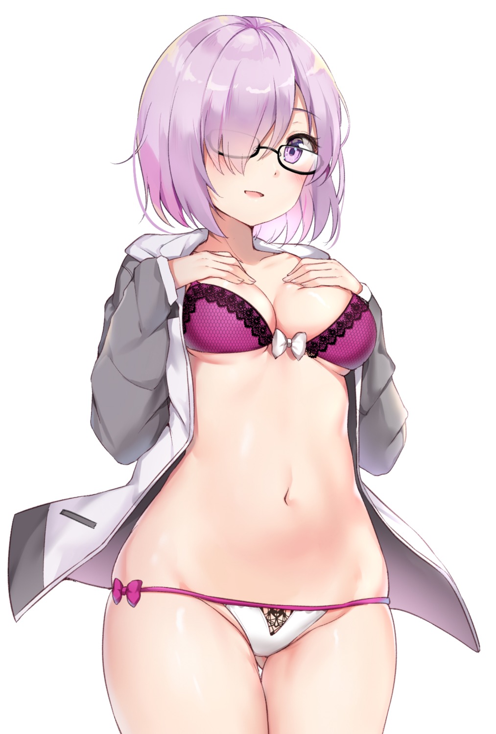 bra breast_hold cleavage douyacai fate/grand_order mash_kyrielight megane open_shirt pantsu underboob