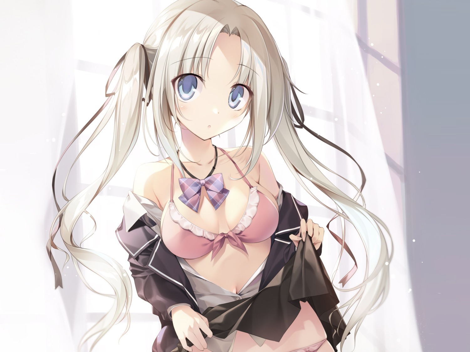 bra cleavage karory open_shirt pantsu panty_pull seifuku skirt_lift undressing