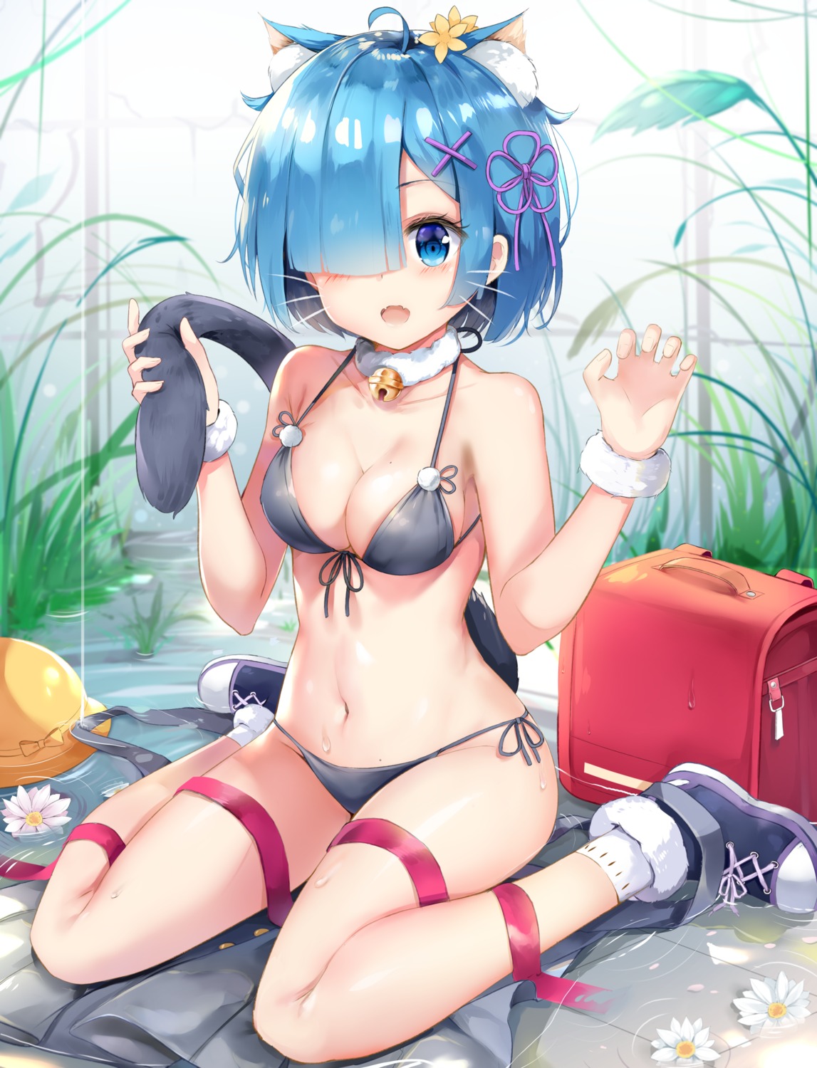 animal_ears bikini chintora0201 nekomimi re_zero_kara_hajimeru_isekai_seikatsu rem_(re_zero) swimsuits tail wet