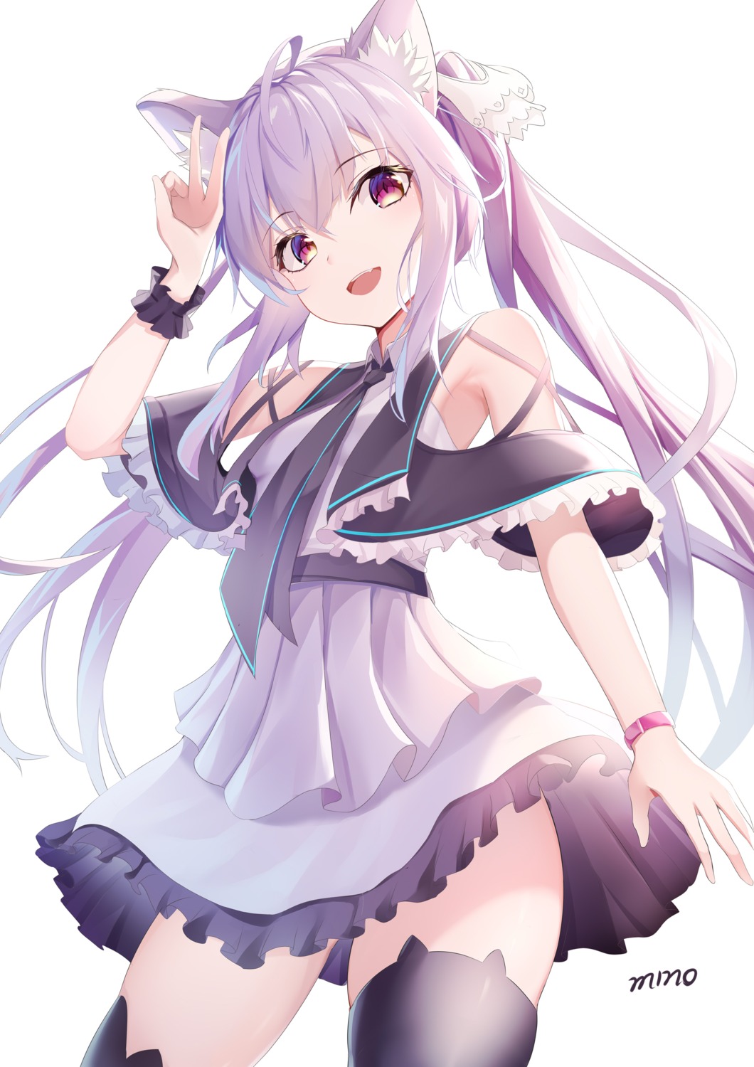 animal_ears dress minoominoomi skirt_lift thighhighs