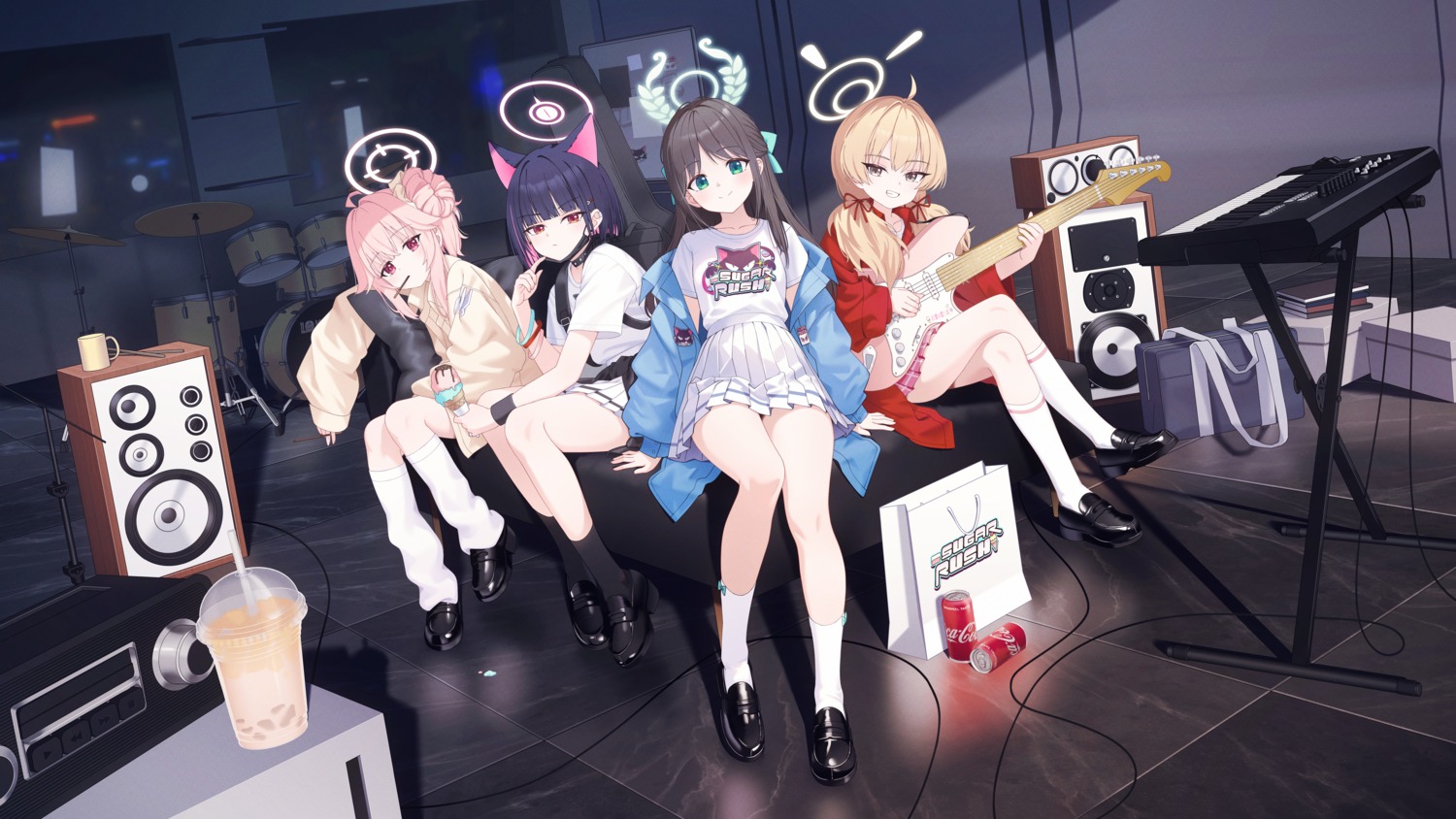 animal_ears artist_revision blue_archive guitar halo ibaragi_yoshimi kurimura_airi kyouyama_kazusa mao_shi_shisan nekomimi seifuku skirt_lift uniform wallpaper yutori_natsu