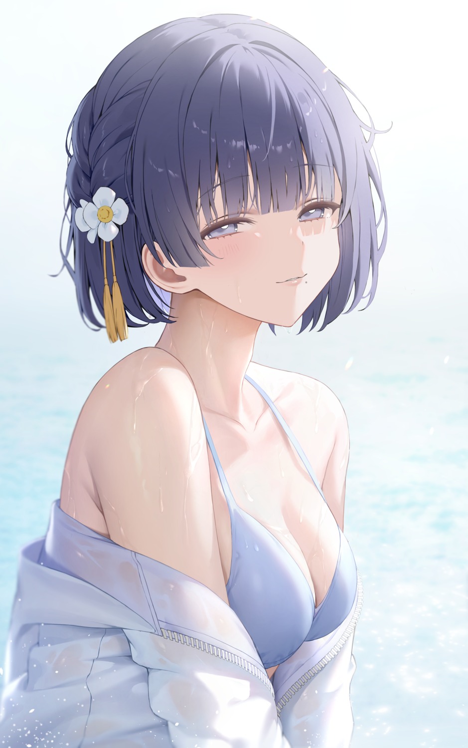 bikini_top gakuen_idolm@ster hataya_misuzu hibimaru open_shirt see_through swimsuits the_idolm@ster wet