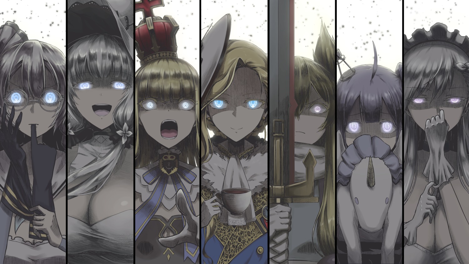 azur_lane belfast_(azur_lane) cleavage edinburgh_(azur_lane) hood_(azur_lane) illustrious_(azur_lane) megane queen_elizabeth_(azur_lane) summersketch sword unicorn_(azur_lane) warspite_(azur_lane)