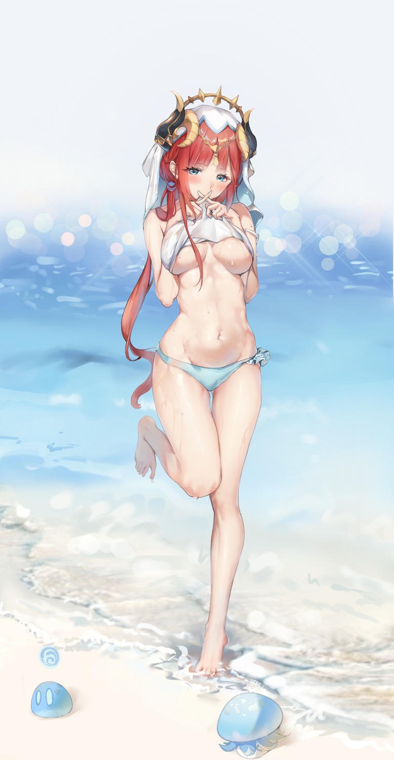 bikini genshin_impact horns nilou see_through shirt_lift swimsuits undressing vv-zz wet wet_clothes