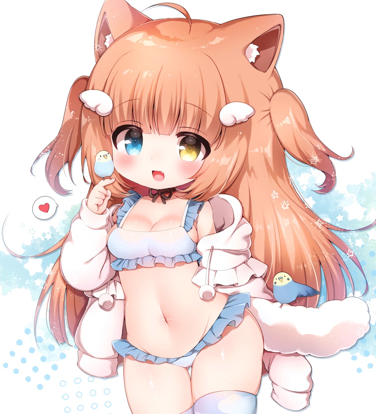 animal_ears bikini heterochromia momozu_komamochi open_shirt swimsuits tail thighhighs